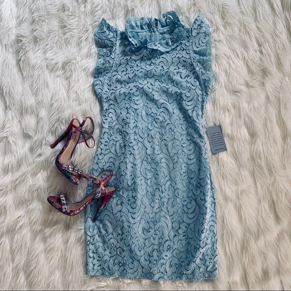 NWT Alexia Admor Carrie Sheath Dress Women XS Ice Blue Lace Ruffle Jewel Neck